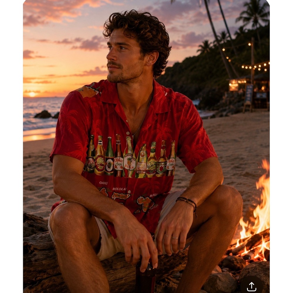 Thums Up For Him Hawaiian Shirt Men's Medium Red Beer Bottles Islands Map Rayon